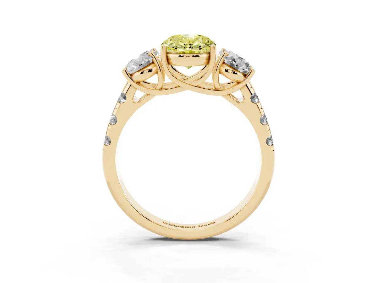 Fancy Yellow Three-Stone Oval Cut Diamond Pavé Band with Prong Setting Yellow gold