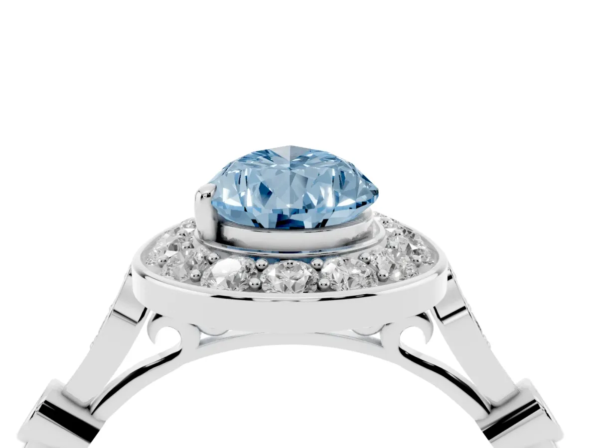 Fancy Blue Pear Cut Halo Diamond Engagement Ring with Twisted Band and Four-Prong Setting White gold
