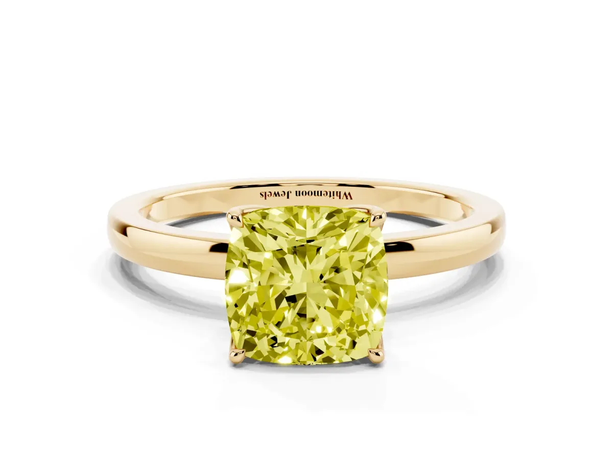 Fancy Yellow Cushion Cut Diamond Solitaire Ring with Thin Band and Prong Setting Yellow gold