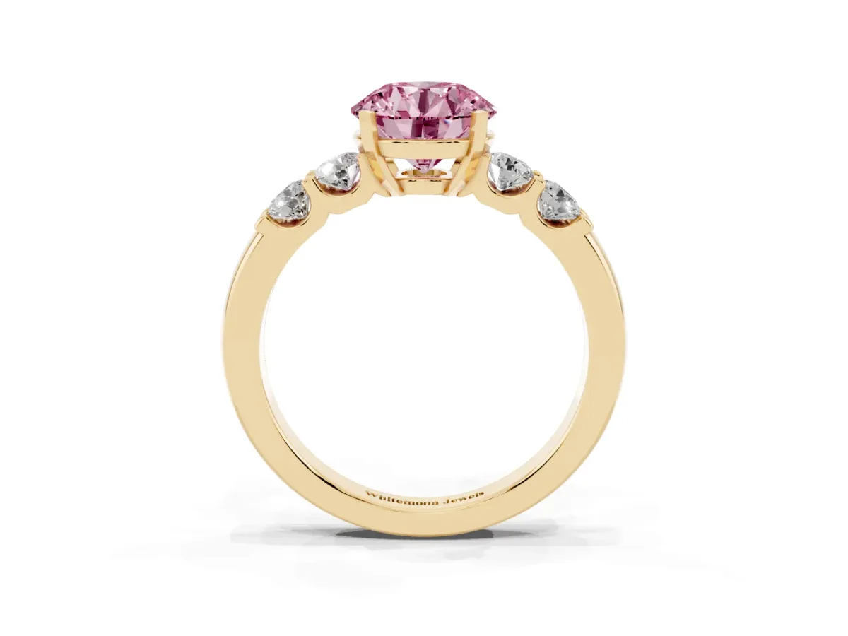 Fancy Pink Round Cut Brilliant Cut Diamond Five-Stone Prong Set Engagement Ring with Channel Band Yellow gold