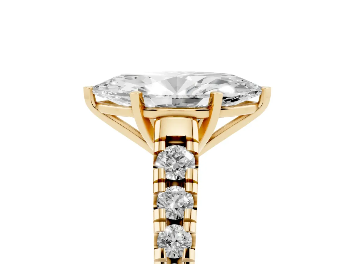 Marquise Cut Diamond Cathedral Solitaire Ring with Round Pavé Band Yellow gold