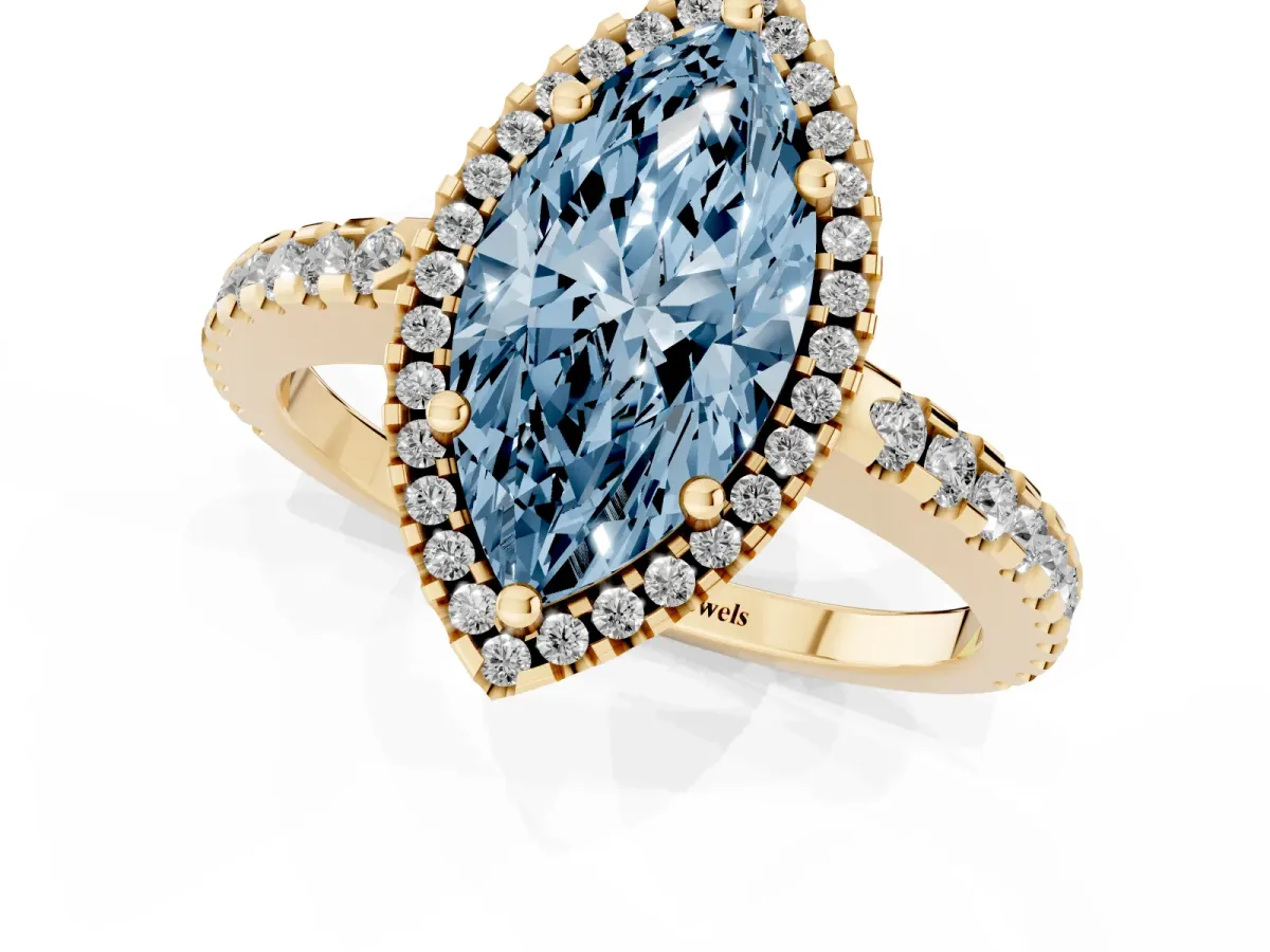 Fancy Blue Marquise Cut Diamond Halo Engagement Ring with Pavé Band and Prong Setting Yellow gold
