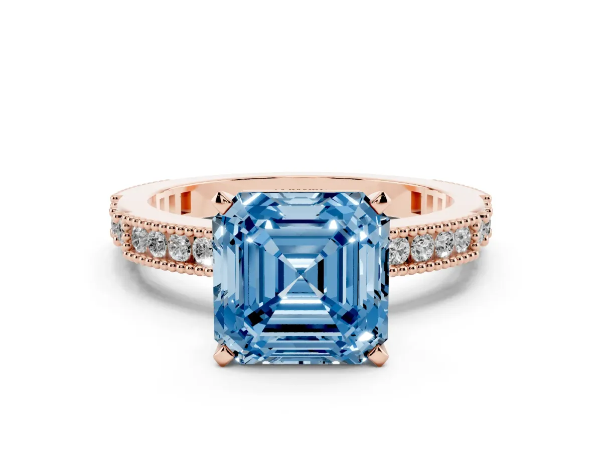 Fancy Blue Asscher Cut Solitaire with Pavé Band and Four-Prong Setting Rose gold