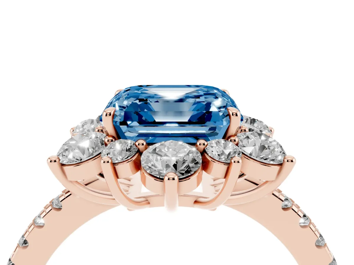 Fancy Blue Asscher Cut Diamond Floral Halo Ring with Round Pavé Band and Prong Setting Rose gold