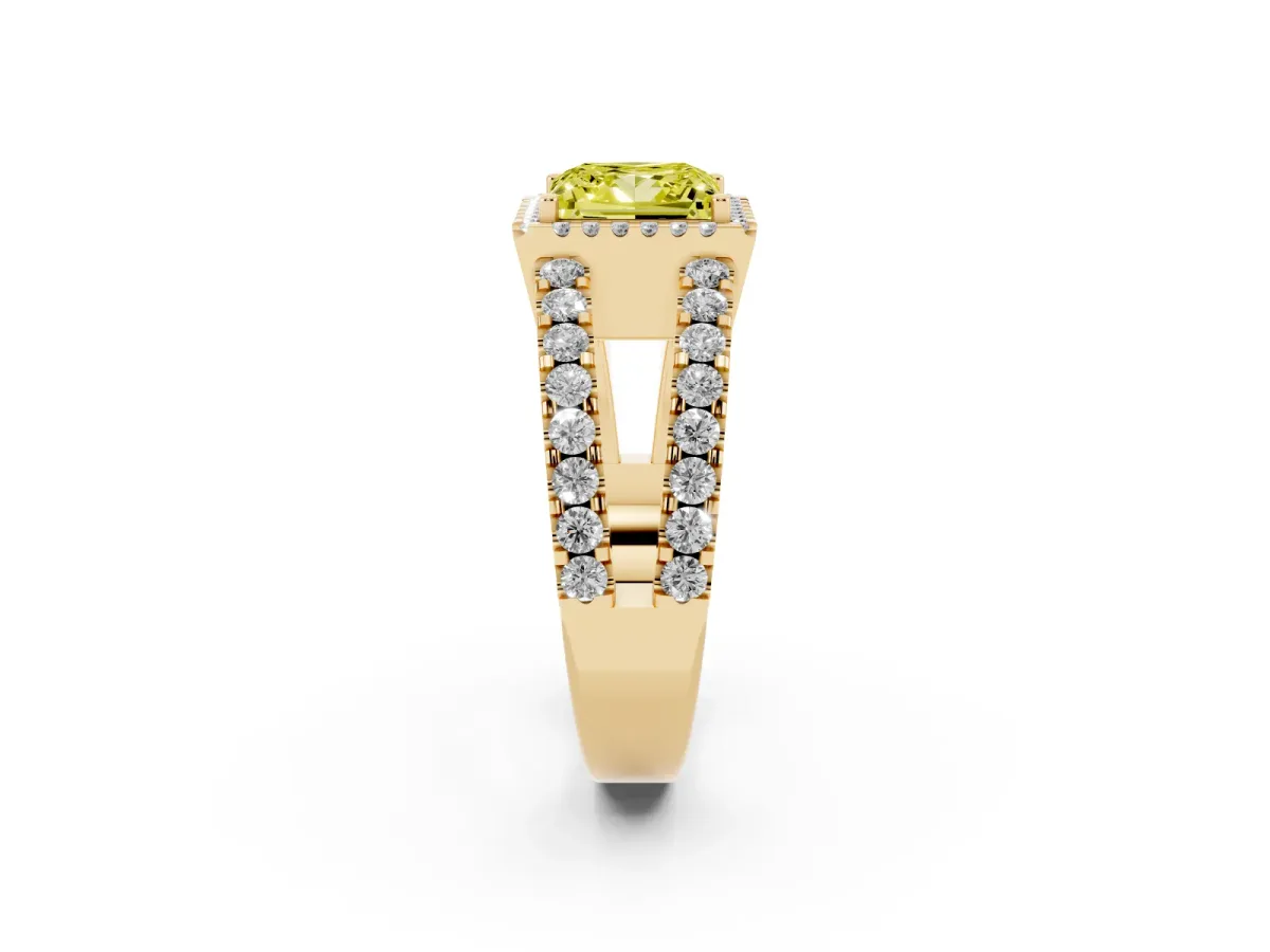 Fancy Yellow Princess Cut Cut Halo Split Shank Diamond Ring with Four-Prong Setting Yellow gold