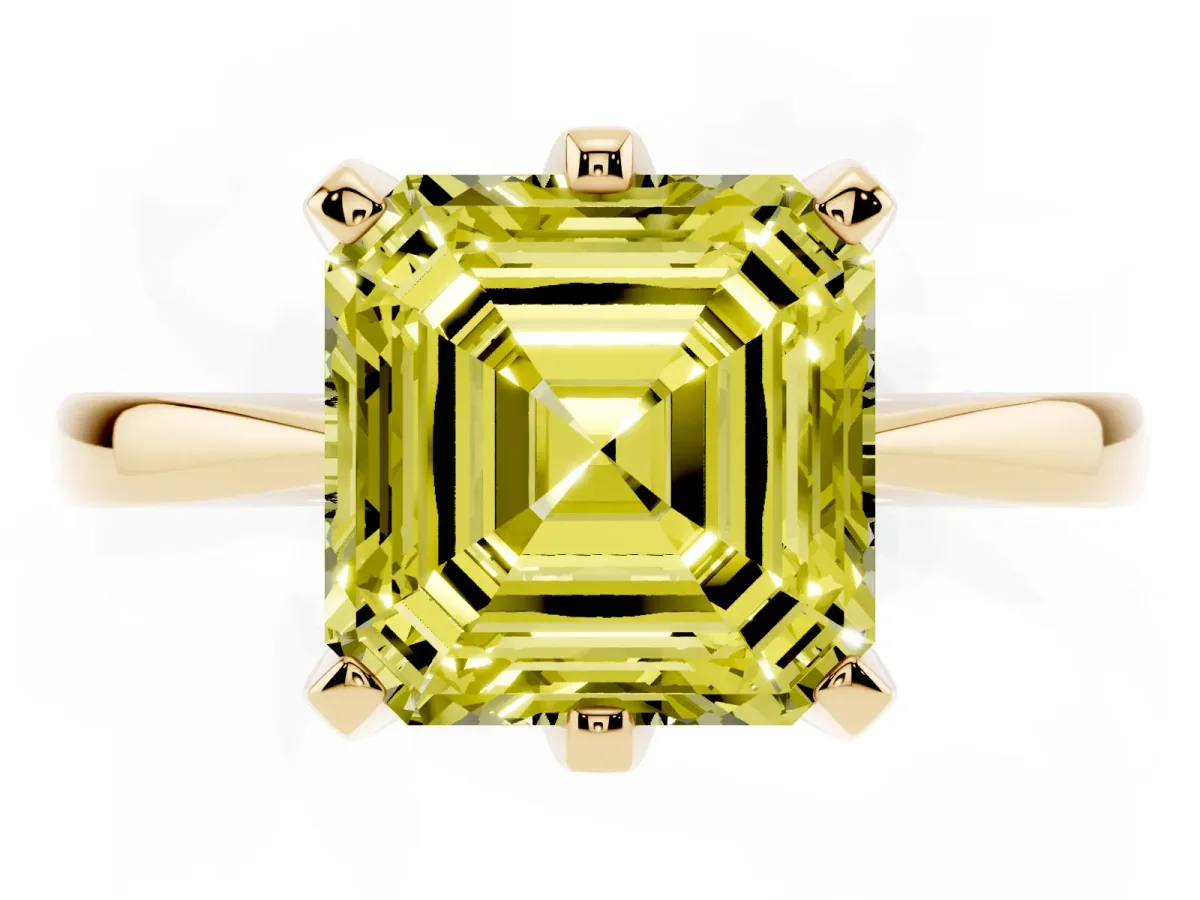 Fancy Yellow Asscher Cut Solitaire Engagement Ring with Six-Prong Setting and Tapered Band Yellow gold