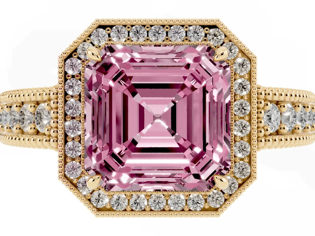 Fancy Pink Asscher Cut Cut Halo Diamond Ring with Pavé Band and Four-Prong Setting Yellow gold