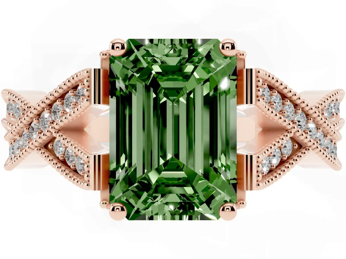 Fancy Green Emerald Cut Cut Diamond Twisted Band with Milgrain Pave Setting and Four-Prong Setting Rose gold