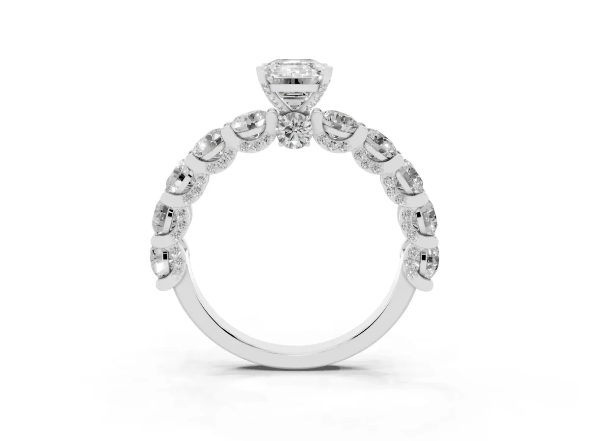 Emerald Cut Diamond Side Stone Engagement Ring with Four-Prong Setting Silver