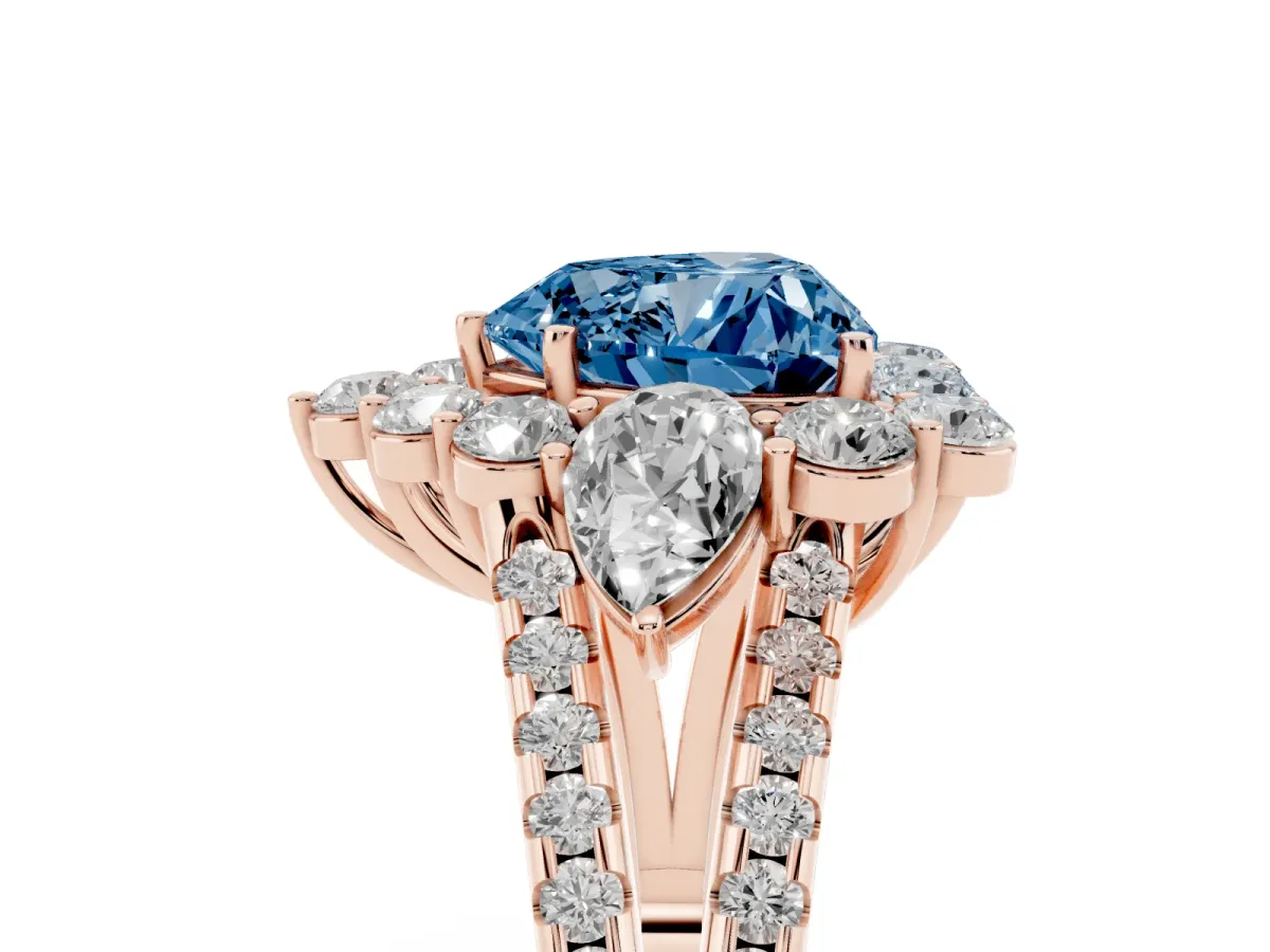 Fancy Blue Heart Cut Halo Split Shank Diamond Engagement Ring with Prong Setting Rose gold