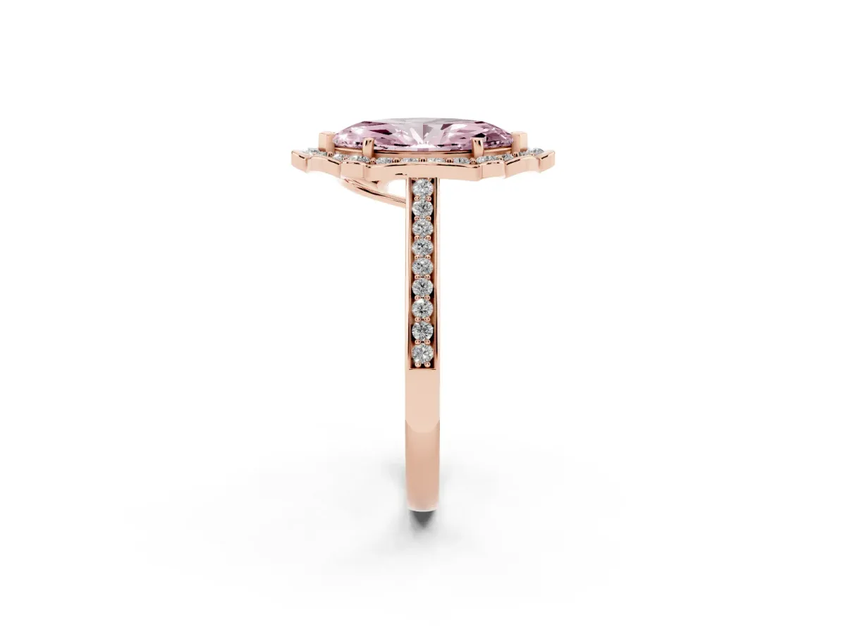 Fancy Pink Marquise Cut Halo Round Diamond Pave Band with Four-Prong Setting Rose gold