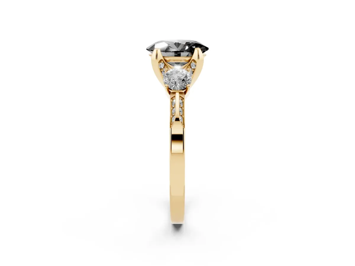 Fancy Black Oval Cut Brilliant Three-Stone Diamond Ring with Pavé Band and Four-Prong Setting Yellow gold