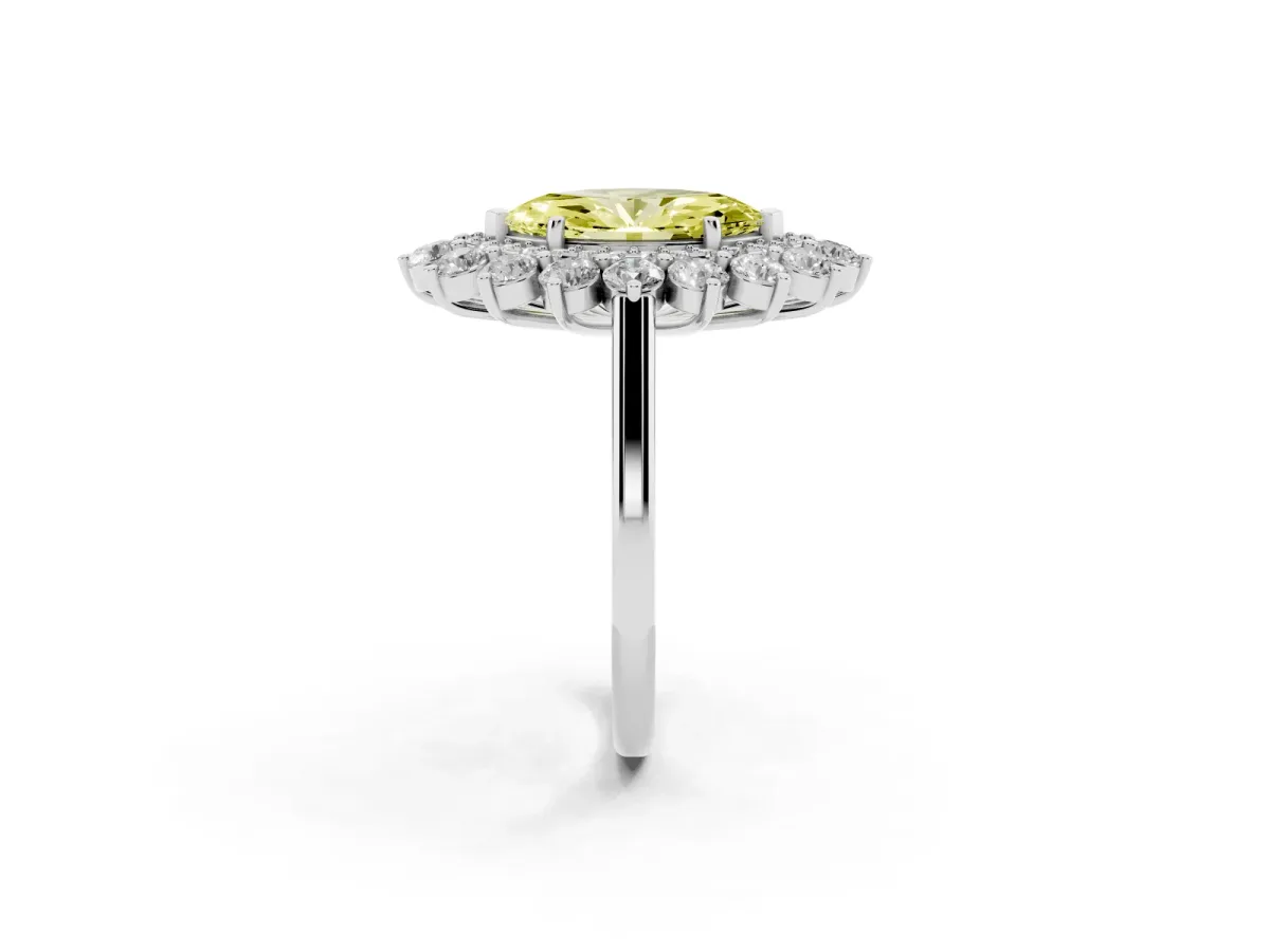 Fancy Yellow Marquise Cut Diamond Floral Double Halo Engagement Ring with Prong Setting Platinum