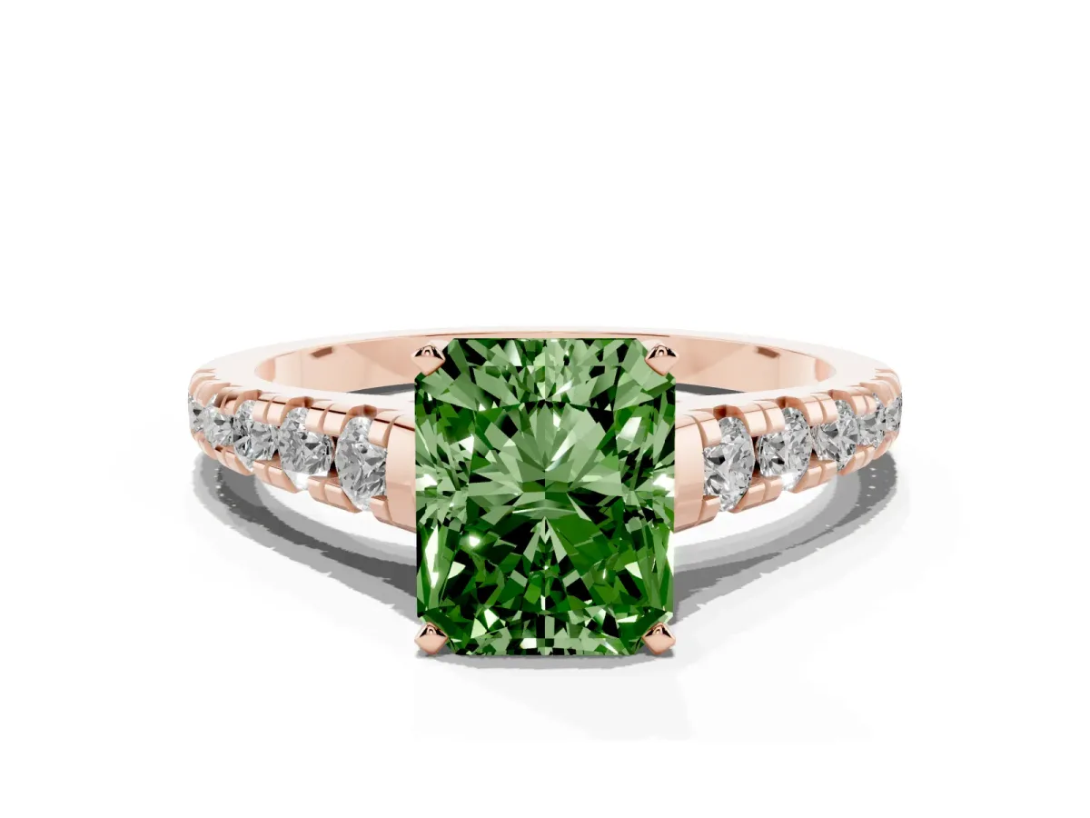 Fancy Green Radiant Cut Diamond Cathedral Solitaire Ring with Round Pavé Band Rose gold