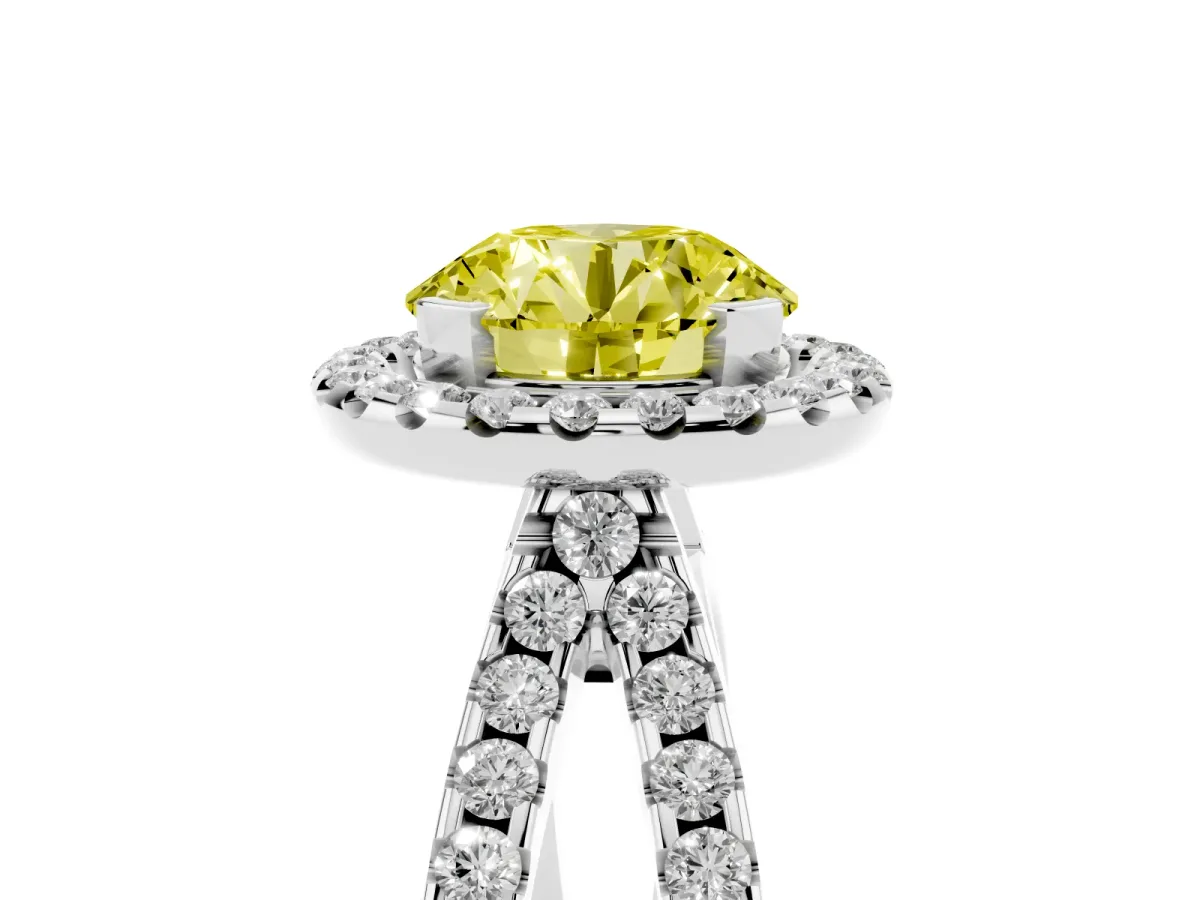 Fancy Yellow Round Cut Diamond Halo Ring with Split Shank Pavé Band and Prong Setting Silver