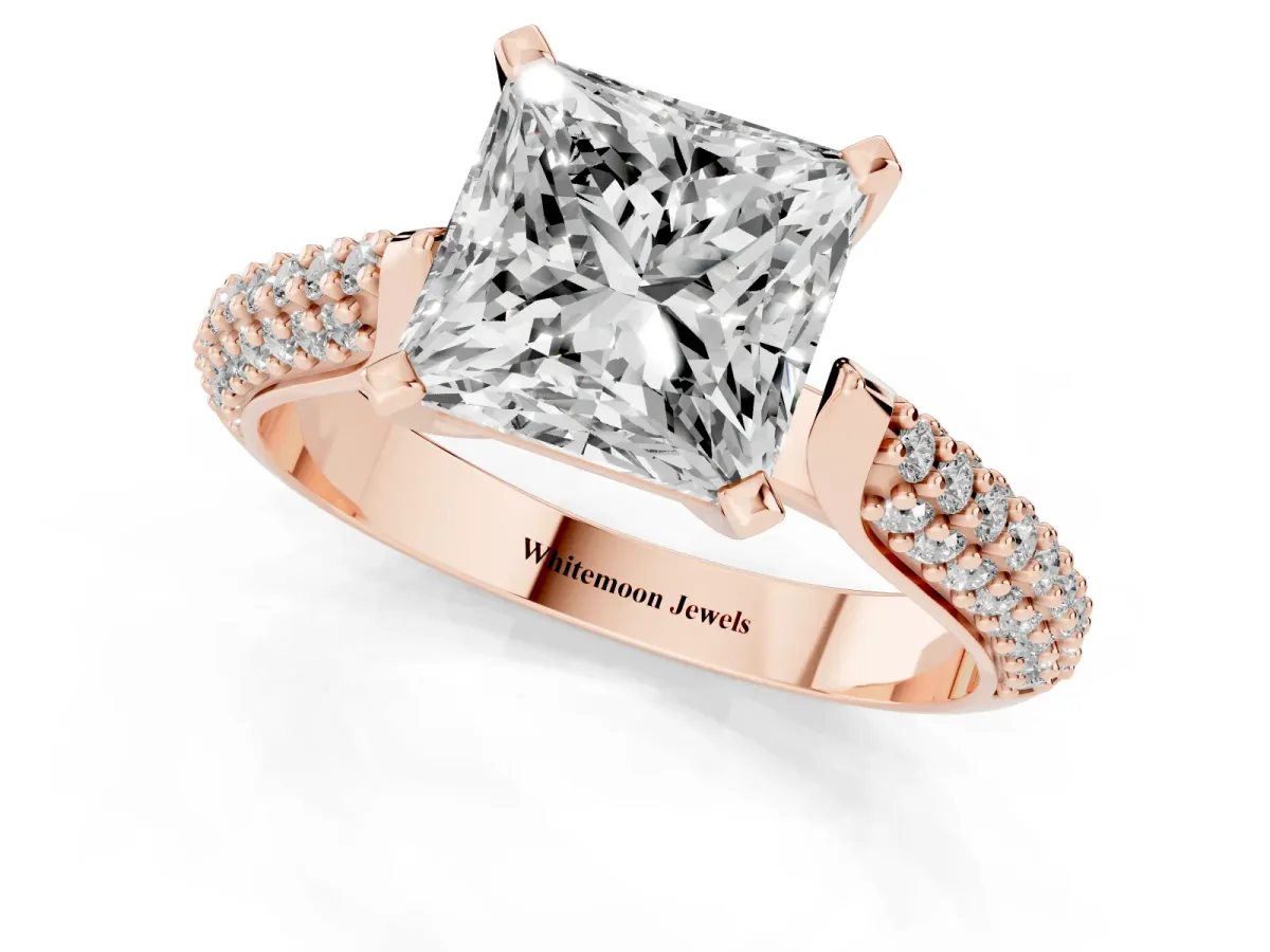 Princess Cut Diamond Solitaire Engagement Ring with Multi-Row Round Pavé Band and Prong Setting Rose gold