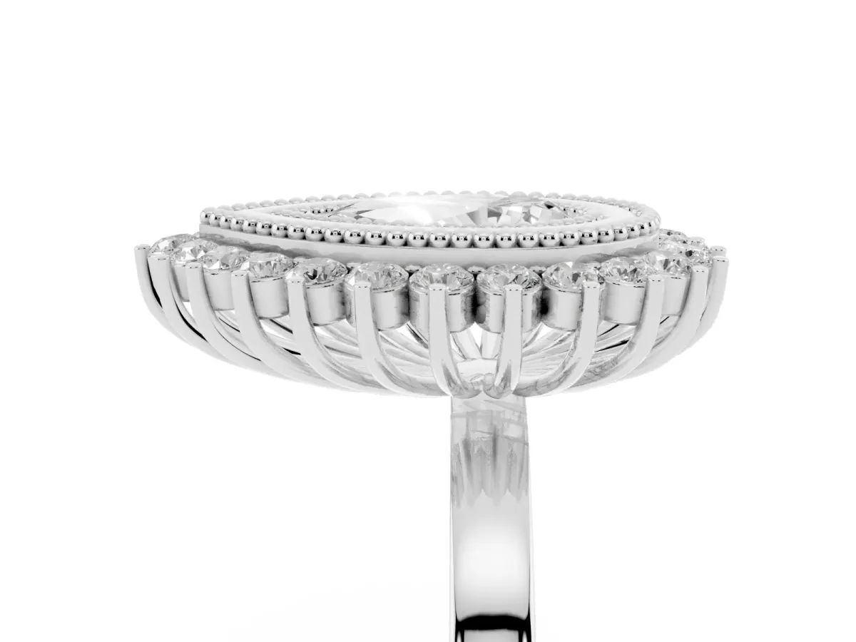 Pear Cut Halo Diamond Ring with Milgrain Edge and Round Prong Setting Silver