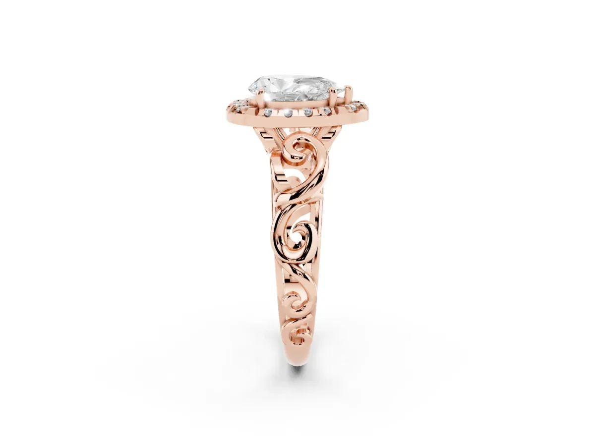 Pear Cut Cut Halo Diamond Ring with Scrollwork Band and Four-Prong Setting Rose gold