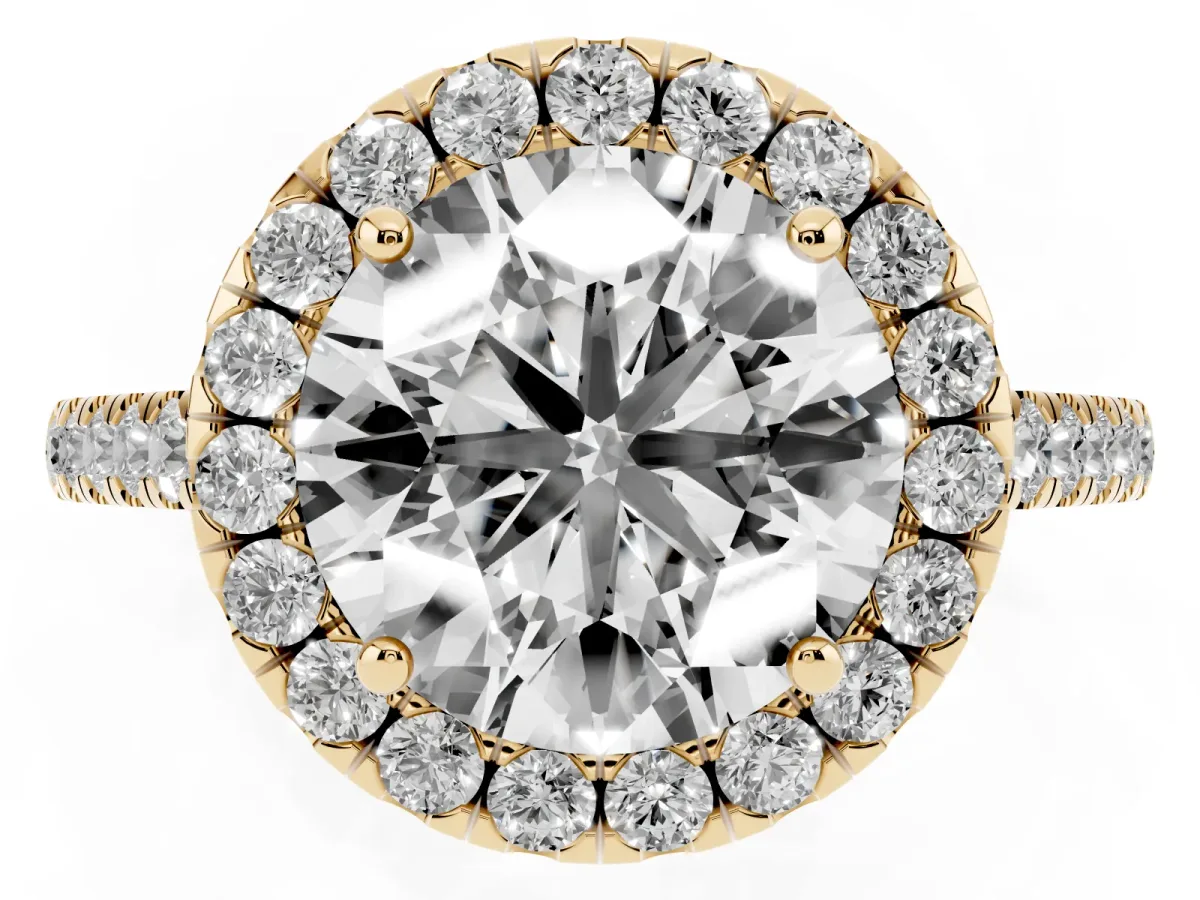 Round Cut Halo Pave Diamond Engagement Ring with Four-Prong Setting Yellow gold