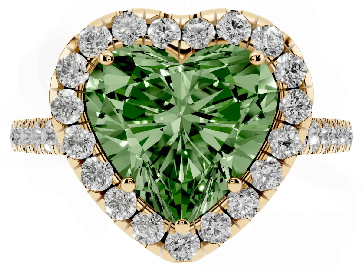 Fancy Green Heart Cut Halo Pave Diamond Engagement Ring with Four-Prong Setting Yellow gold