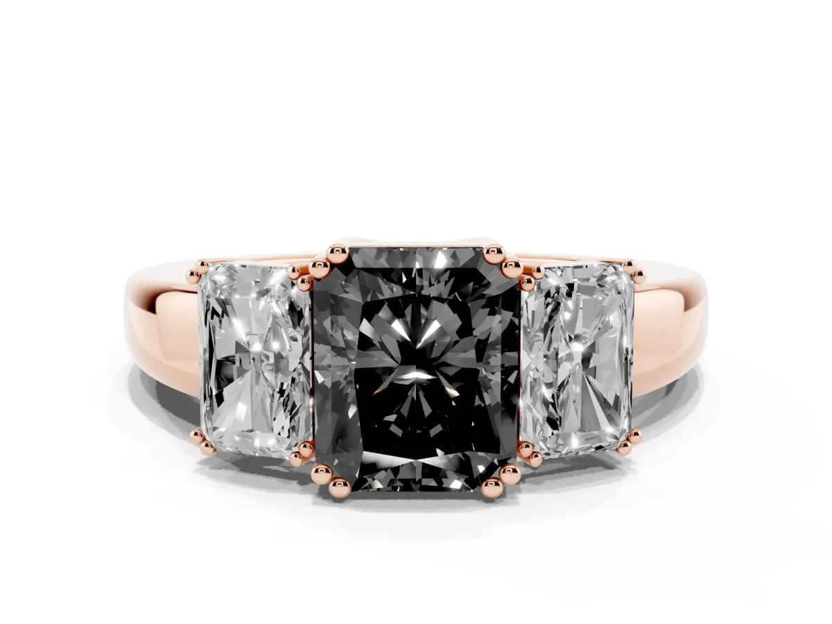 Fancy Black Three-Stone Radiant Cut Cut Diamond Ring with Channel Set Band and Four-Prong Setting Rose gold