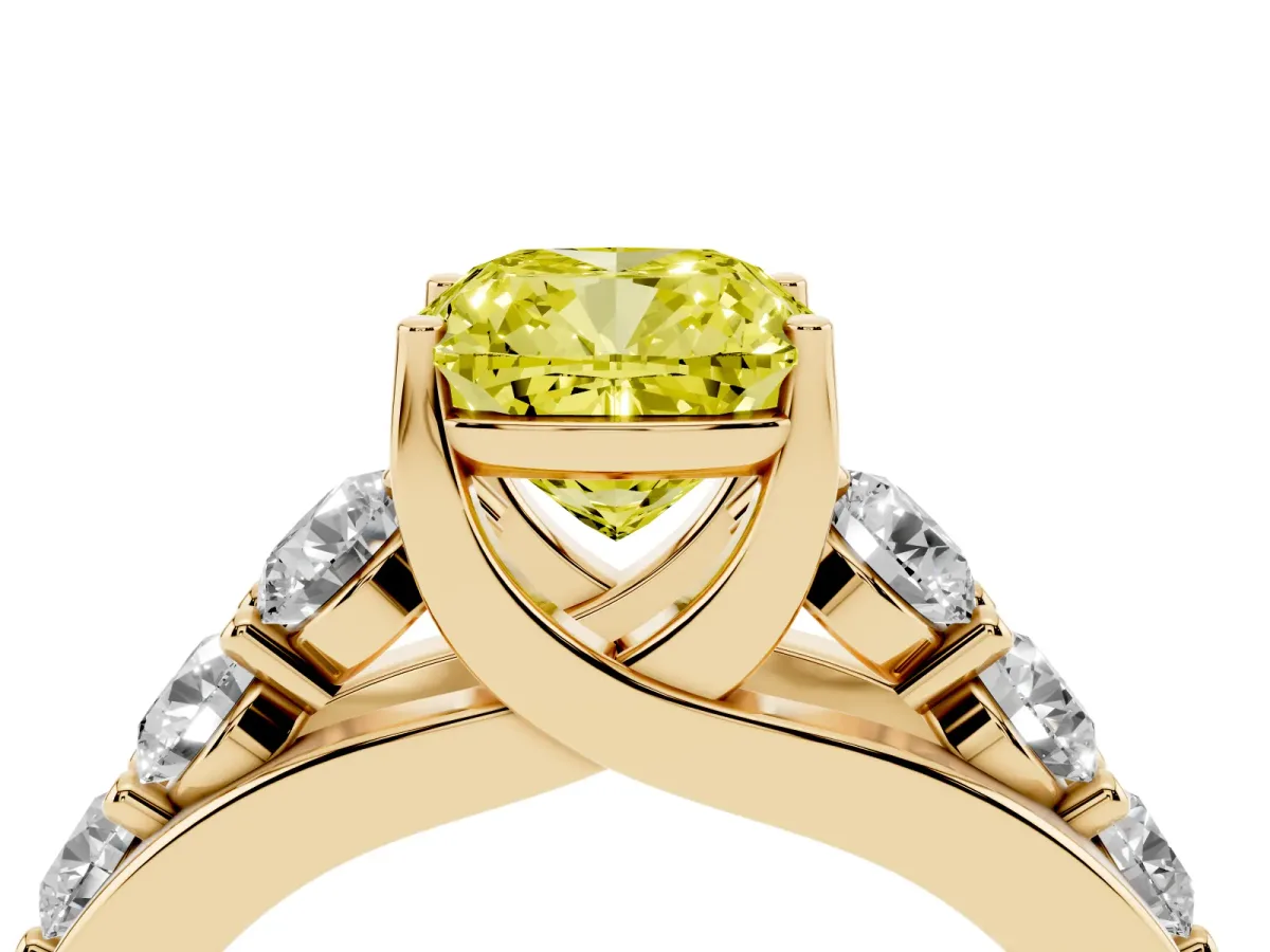 Fancy Yellow Cushion Cut Diamond Engagement Ring with Pavé Band and Four-Prong Setting Yellow gold