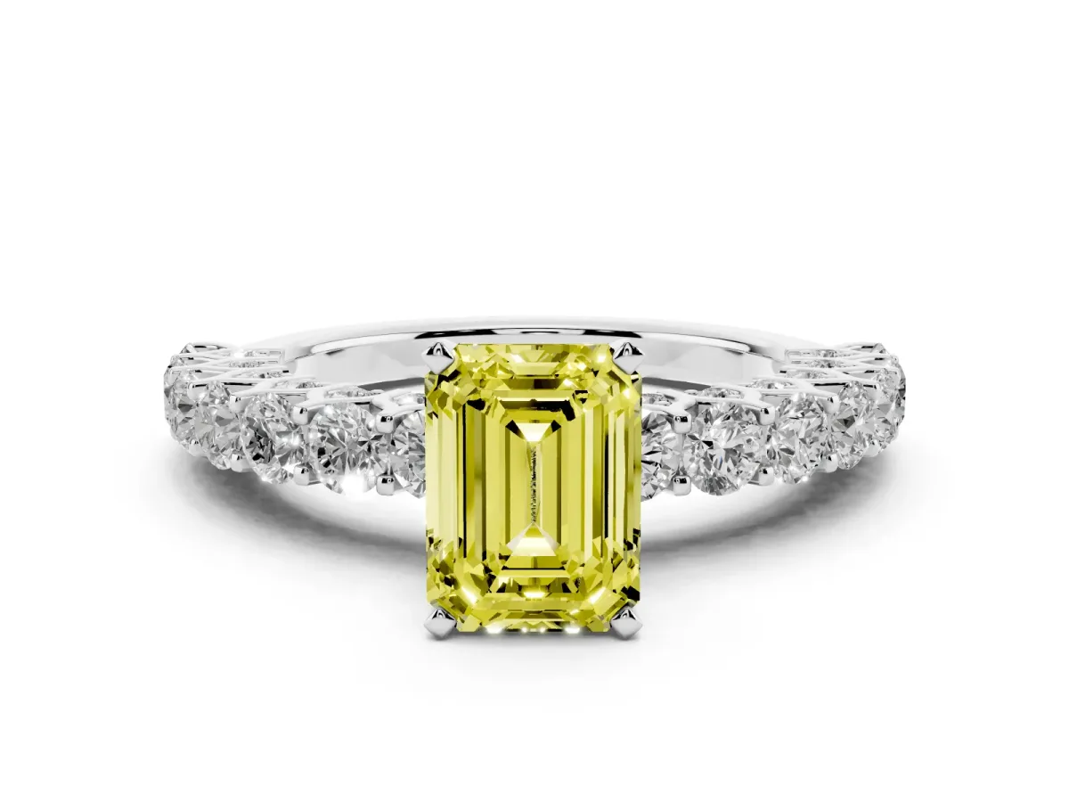 Fancy Yellow Emerald Cut Diamond Solitaire Ring with Shared Prong Pavé Band and Four-Prong Setting Silver