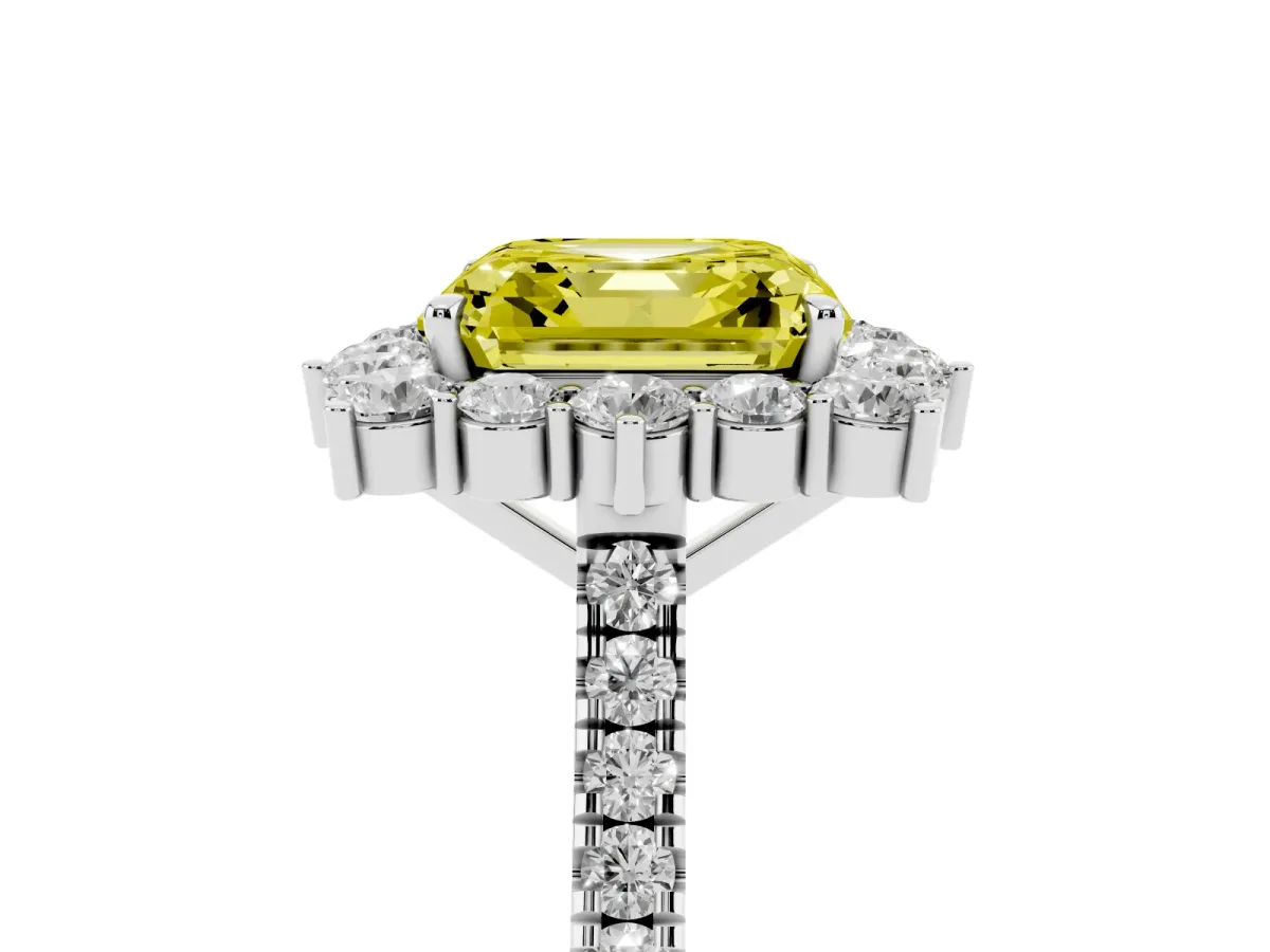 Fancy Yellow Asscher Cut Halo Diamond Ring with Pavé Band and Prong Setting Silver