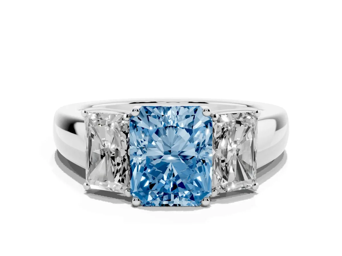 Fancy Blue Three-Stone Radiant Cut Cut Diamond Ring with Prong Setting and Classic Band Silver