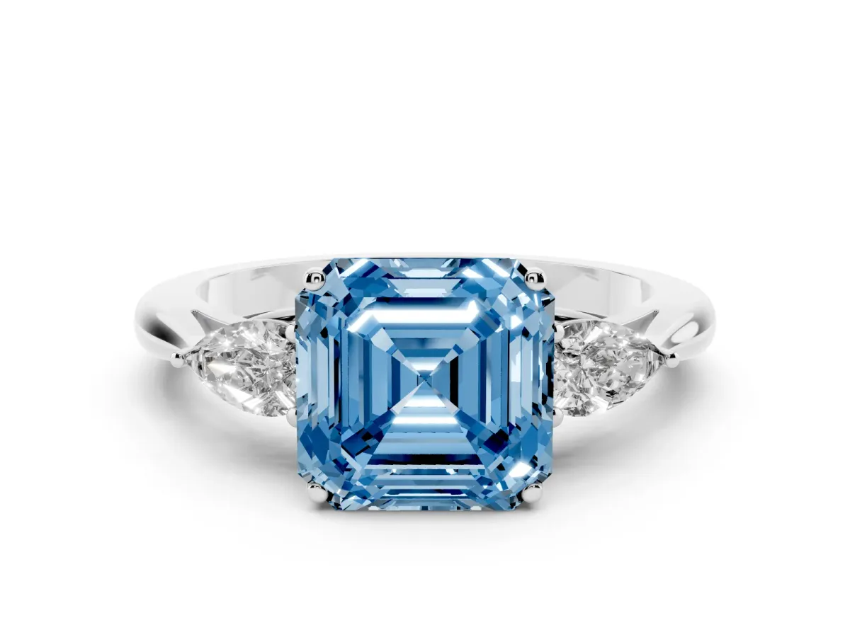 Fancy Blue Asscher Cut Diamond Three-Stone Ring with Pear Side Stones and Prong Setting Platinum