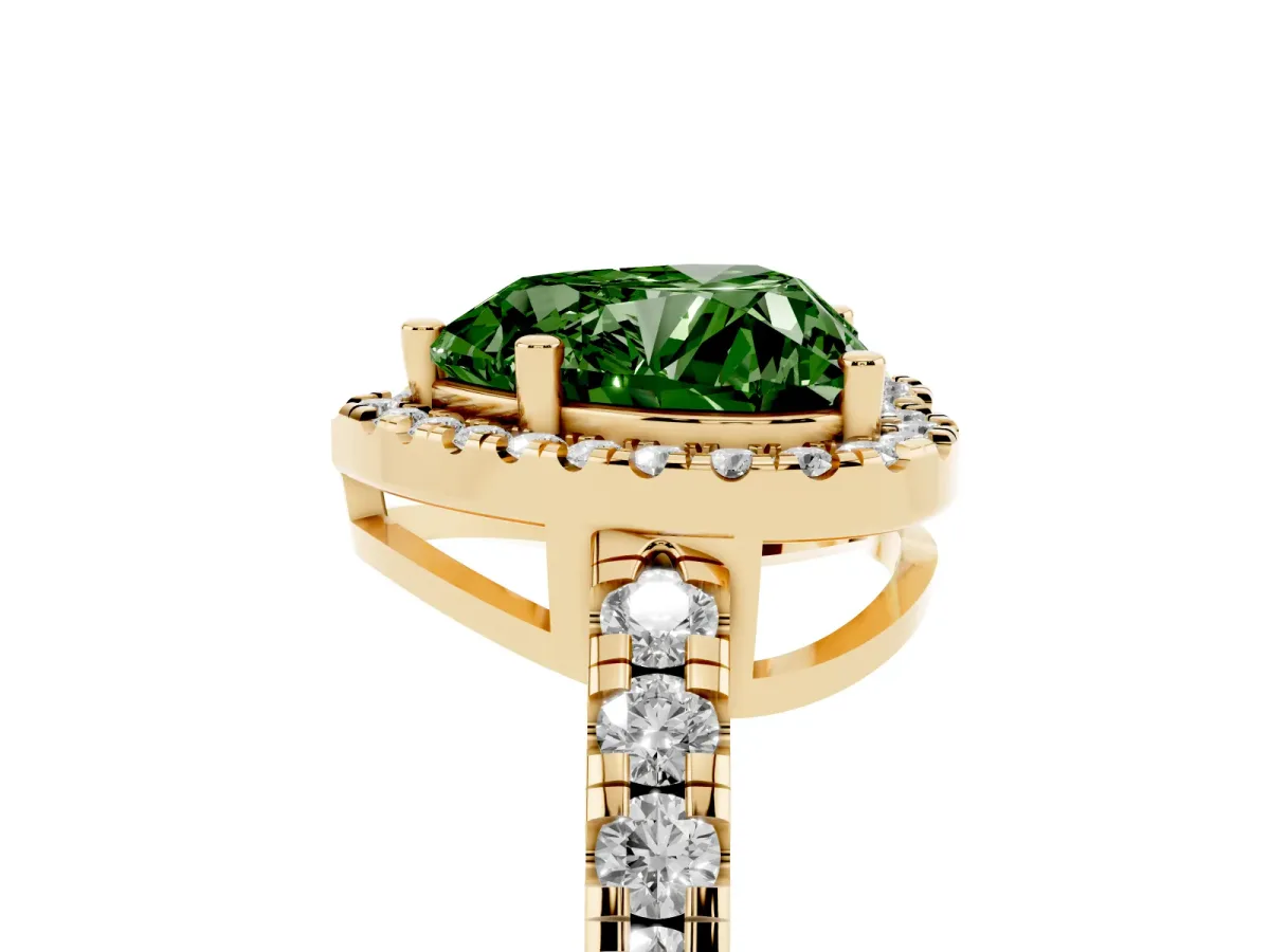 Fancy Green Heart Cut Diamond Halo Ring with Pavé Band and Four-Prong Setting Yellow gold