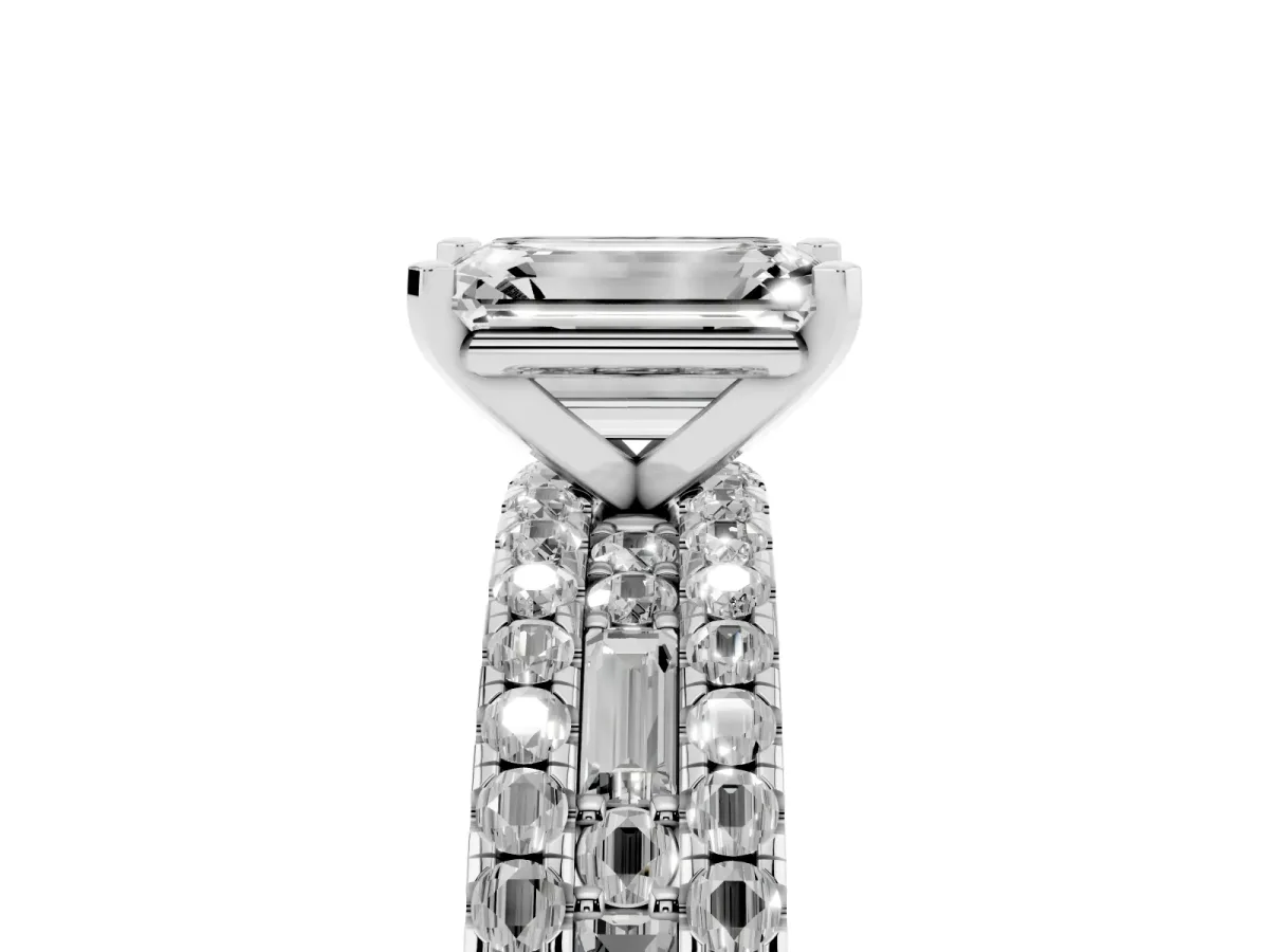 Emerald Cut Diamond Solitaire Ring with Pavé and Channel Set Band Silver