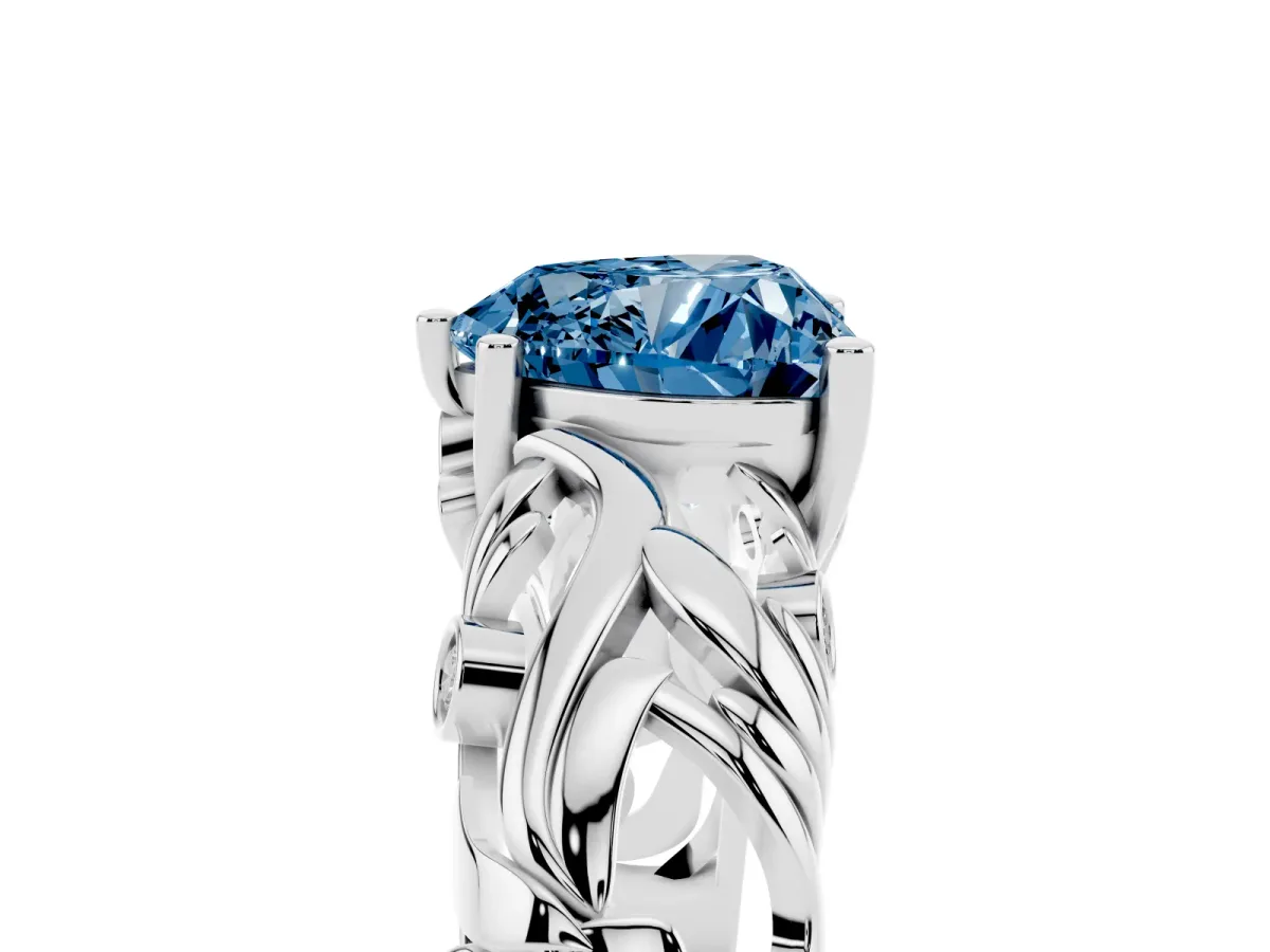 Fancy Blue Heart Cut Solitaire Diamond Leaf-Inspired Vine Band Ring with Prong Setting White gold