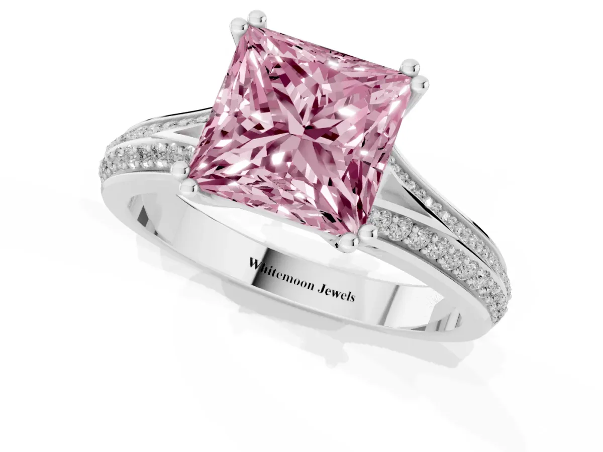Fancy Pink Princess Cut Diamond Split Shank Engagement Ring with Pavé Band Platinum