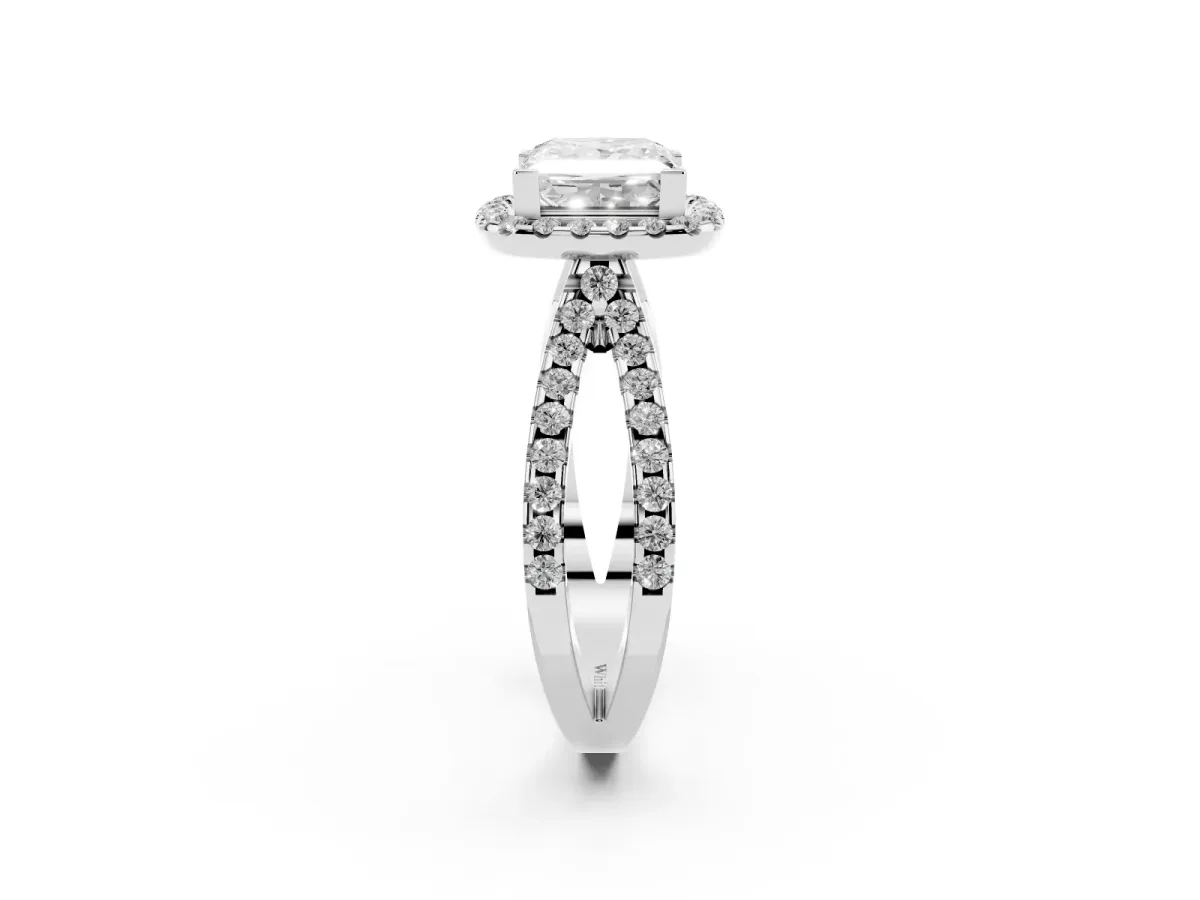 Princess Cut Diamond Halo Ring with Split Shank Pavé Band and Prong Setting Silver