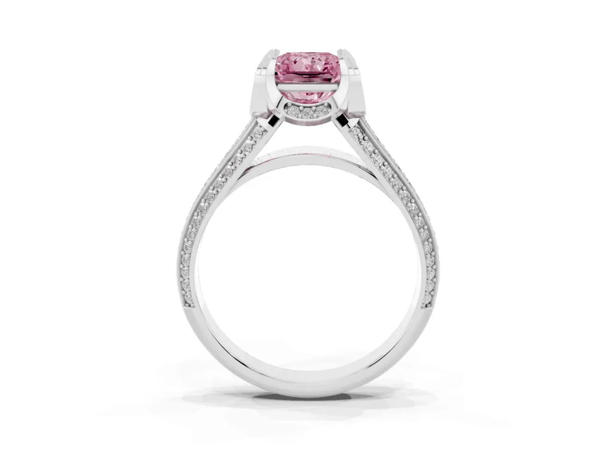 Fancy Pink Radiant Cut Solitaire Pave Split Shank Ring with Four-Prong Setting Silver