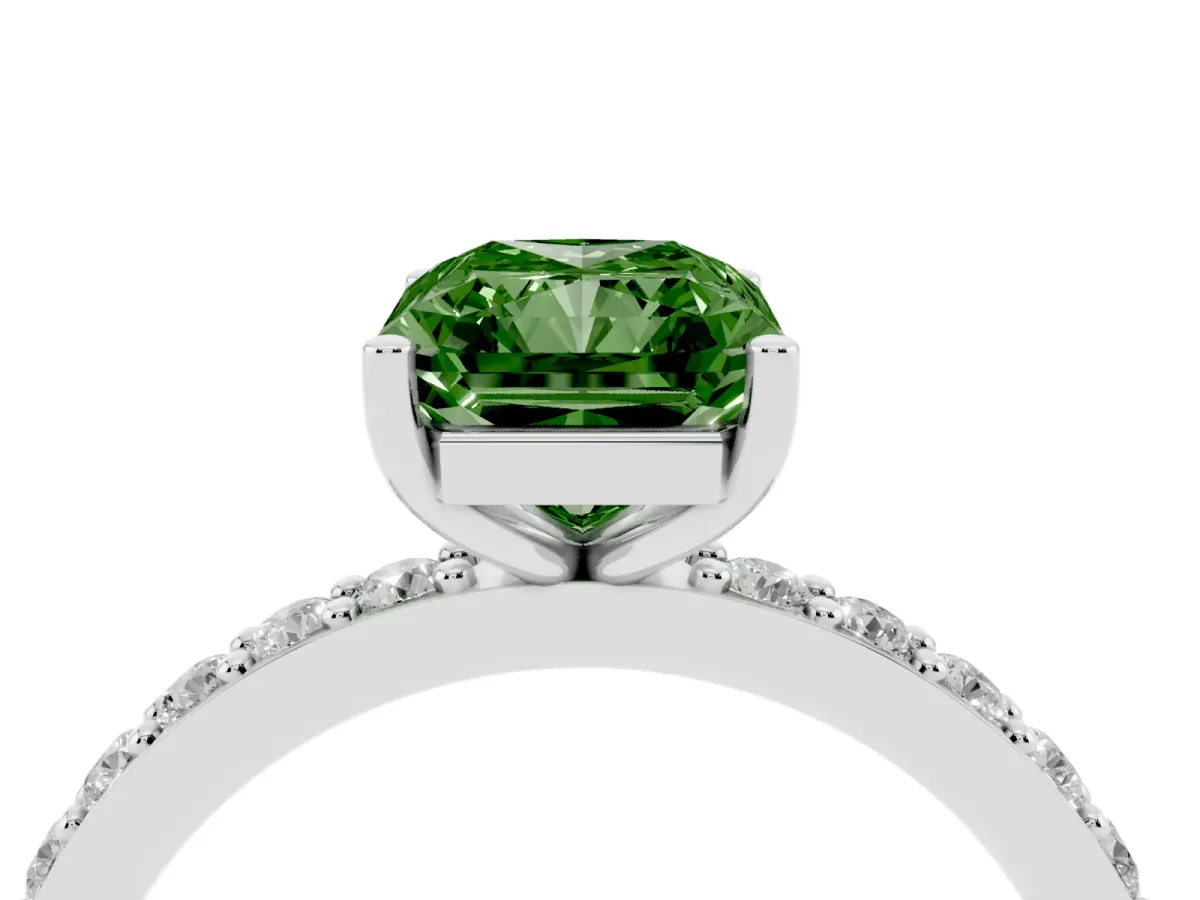 Fancy Green Radiant Cut Cut Diamond Solitaire with Pave Band and Four-Prong Setting Silver