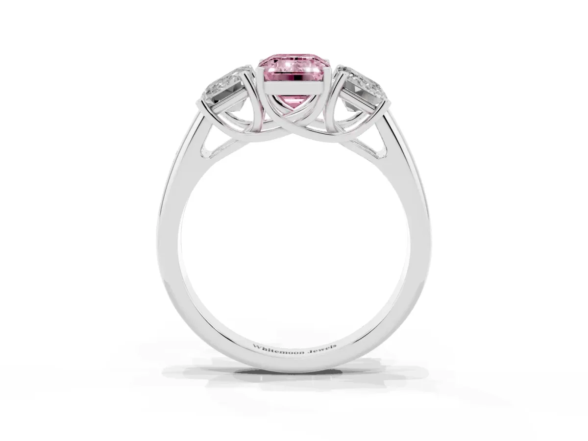 Fancy Pink Three-Stone Emerald Cut Diamond Engagement Ring with Prong Setting Platinum
