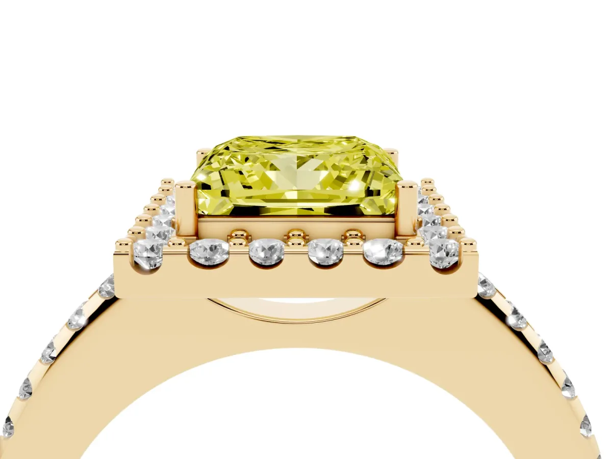 Fancy Yellow Princess Cut Diamond Pavé Halo Ring with Four-Prong Setting Yellow gold