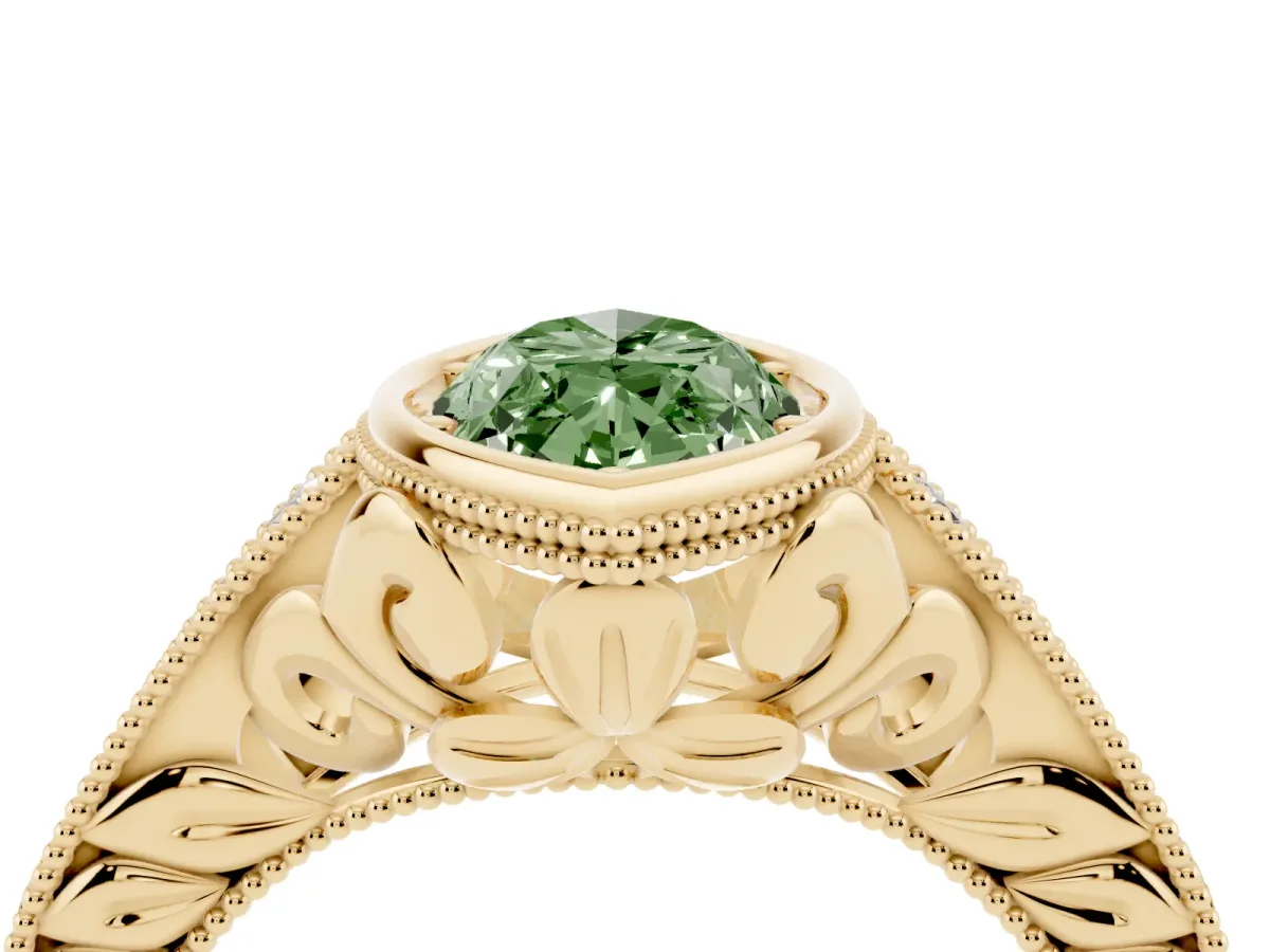 Fancy Green Bezel Set Marquise Cut Diamond Milgrain Pave Engagement Ring Yellow gold