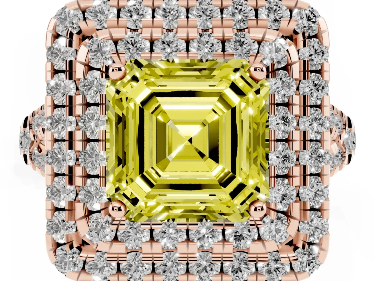 Fancy Yellow Double Halo Asscher Cut Diamond Pavé Split Shank Ring with Prong Setting Rose gold