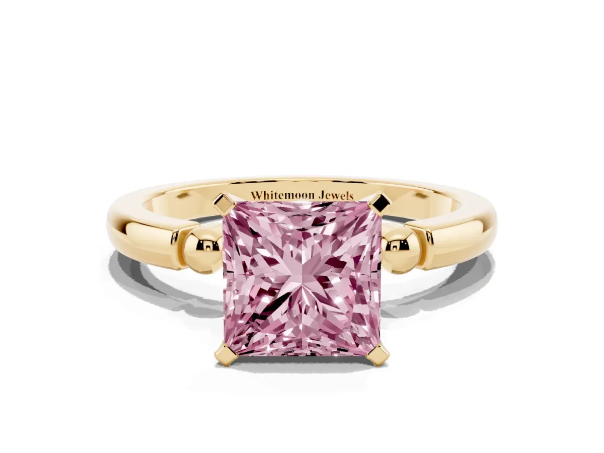 Fancy Pink Princess Cut Solitaire Beaded Band with Four-Prong Setting Yellow gold