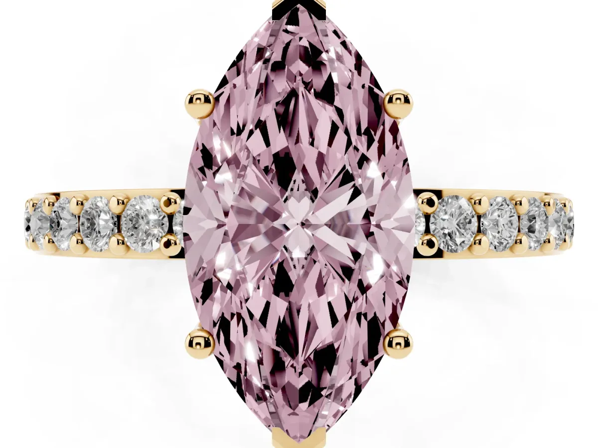 Fancy Pink Marquise Cut Cut Diamond Solitaire with Pave Band and Four-Prong Setting Yellow gold