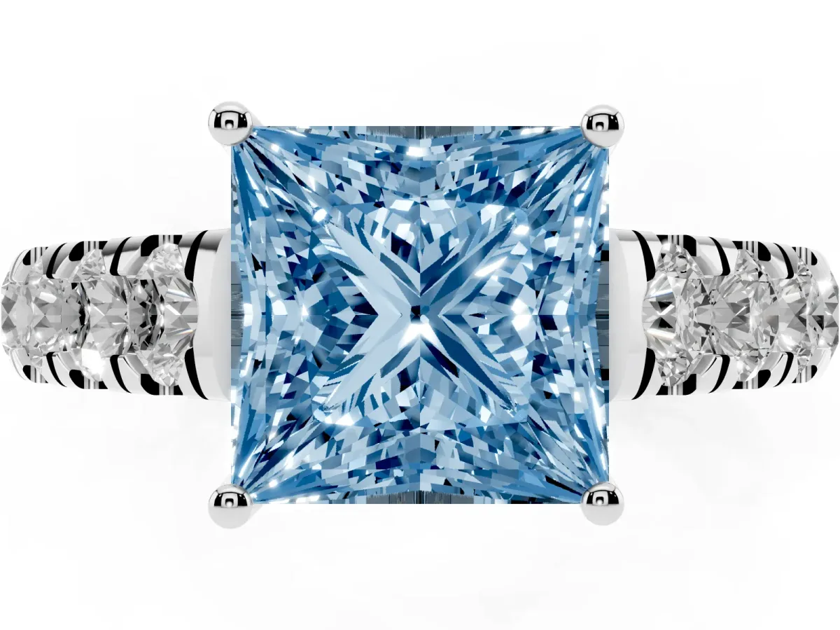 Fancy Blue Princess Cut Cut Diamond Solitaire Ring with Micro Pave Band and Prong Setting Silver