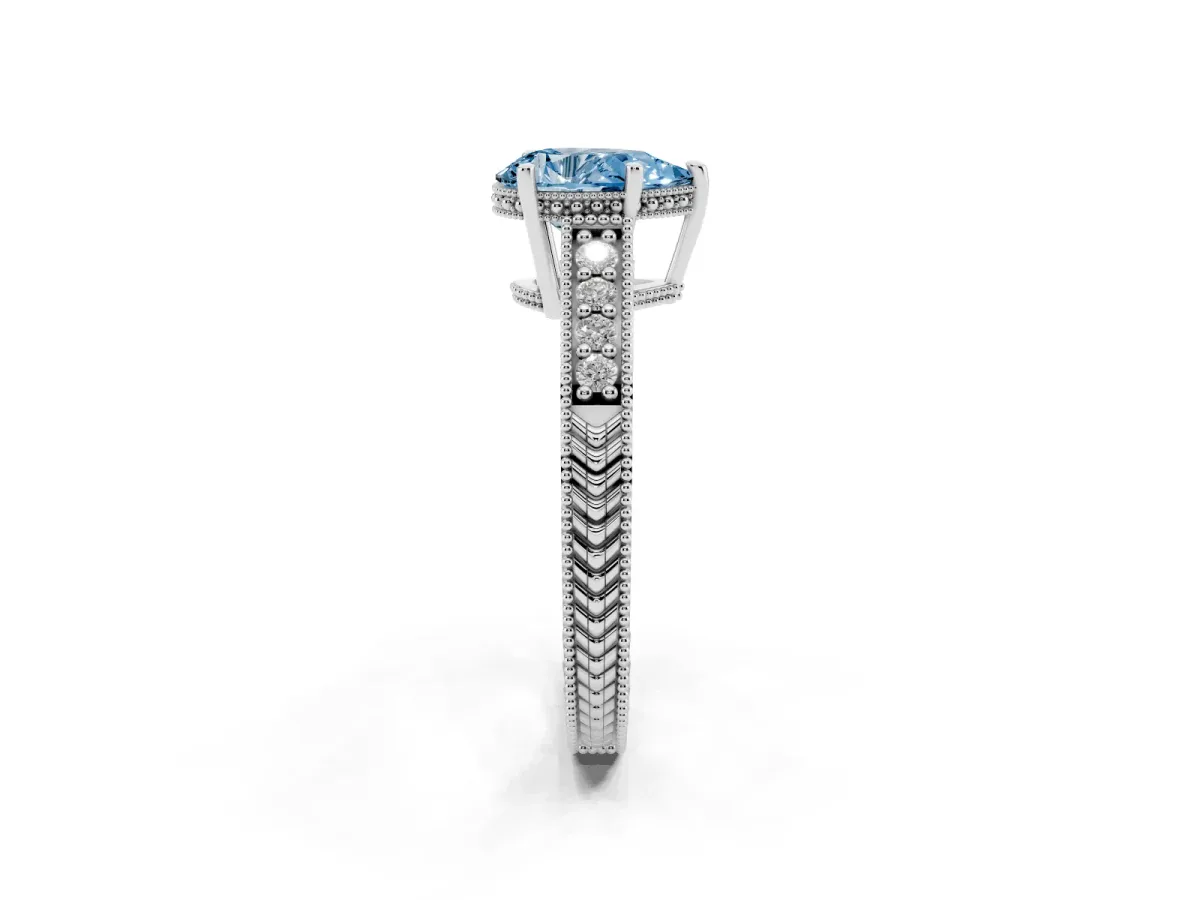 Fancy Blue Pear Cut Solitaire Pavé Diamond Milgrain Engagement Ring with Four-Prong Setting Silver