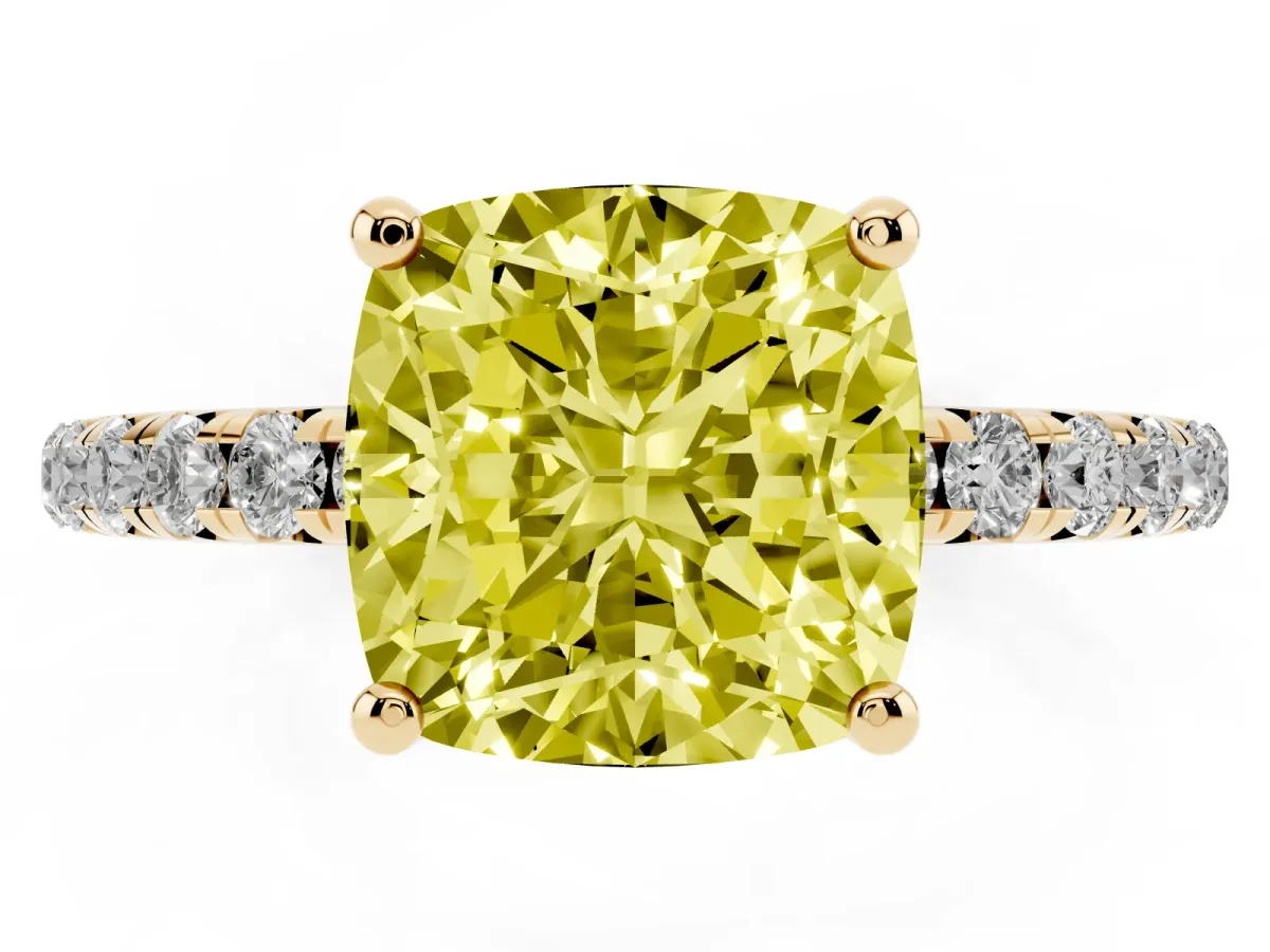Fancy Yellow Cushion Cut Cut Diamond Solitaire Ring with Micro Pave Band and Four Prong Setting Yellow gold