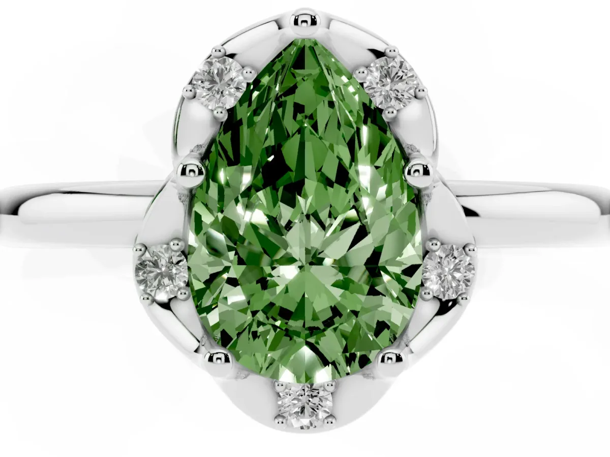 Fancy Green Pear Cut Halo Diamond Ring with Round Cluster Setting, Solitaire Band, and Four-Prong Setting Platinum