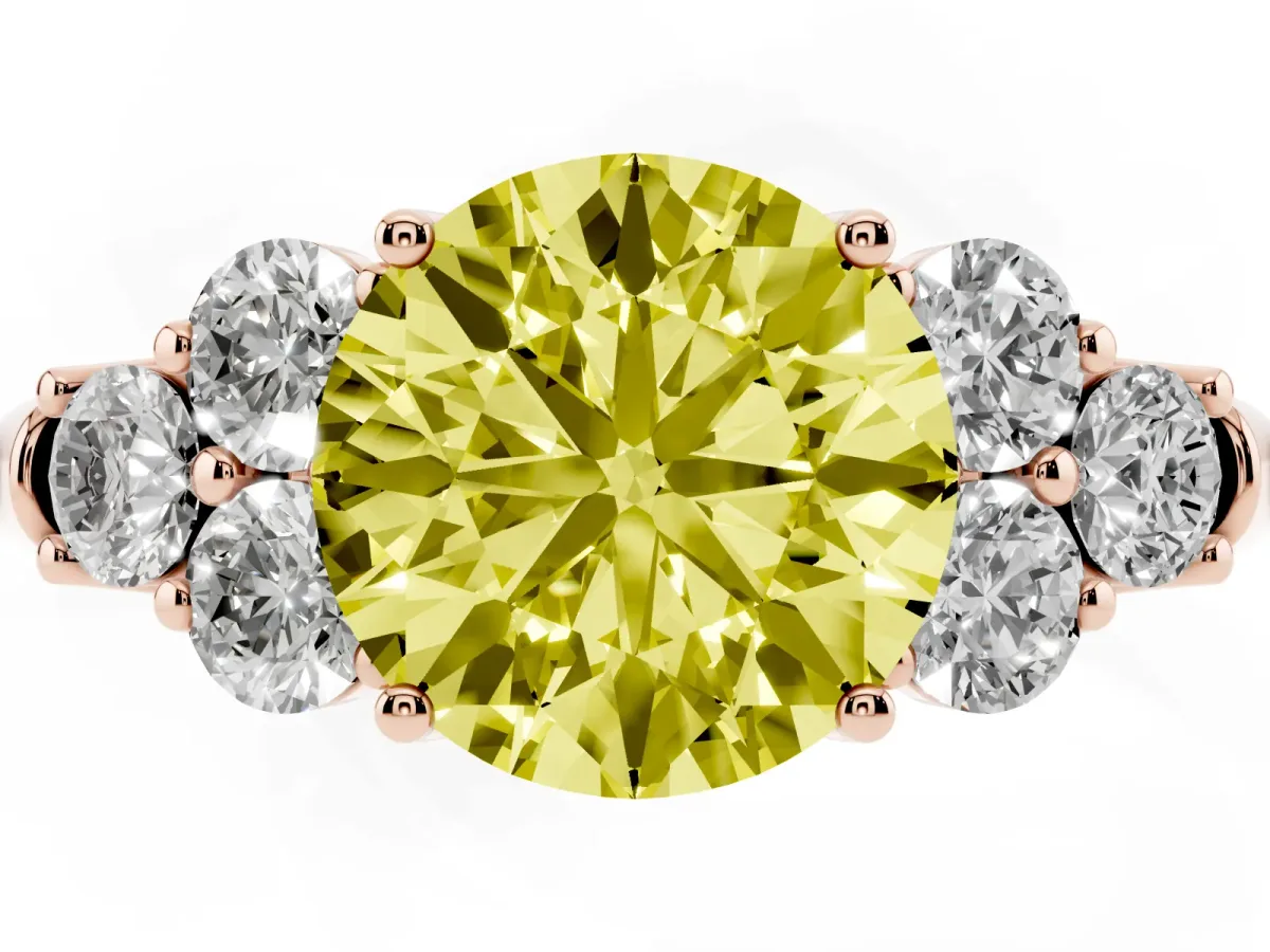 Fancy Yellow Round Cut Cut Diamond Cluster Ring with Round Accent Stones and Prong Setting on a Classic Band Rose gold