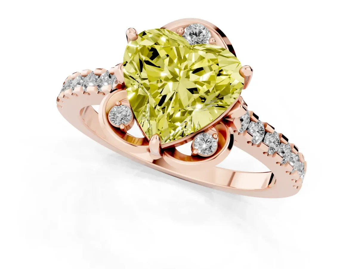 Fancy Yellow Heart Cut Diamond Ring with Pavé Band and Floral Prong Setting Rose gold