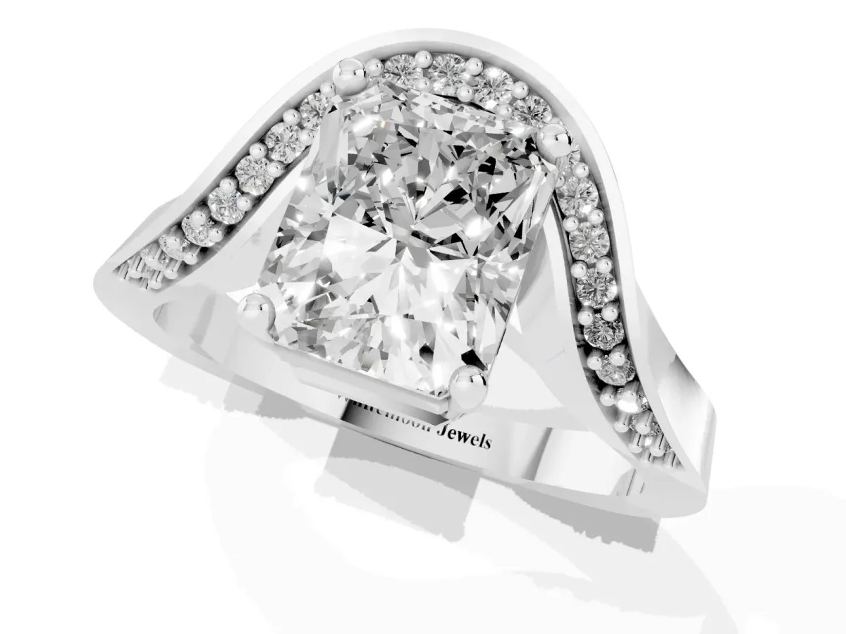 Radiant Cut Solitaire Diamond Engagement Ring with Pave Band and Four-Prong Setting Silver